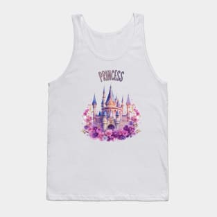 Princess Pink Purple Dreamy Castle with Flowers Watercolor Art Tank Top